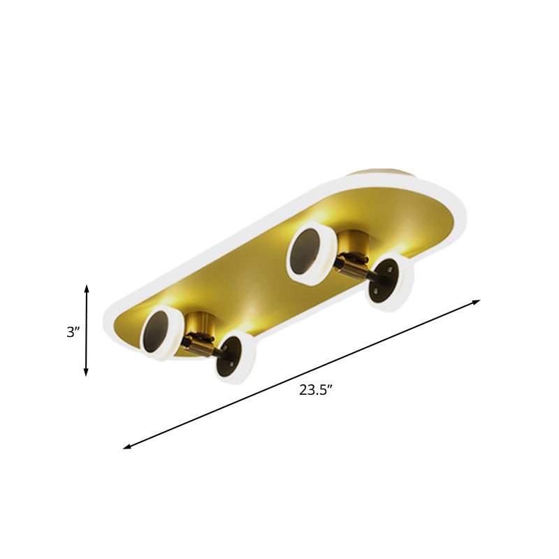 Kids Led Gold Skateboard Ceiling Light For Boys Bedroom - Acrylic Flush Mount Fixture