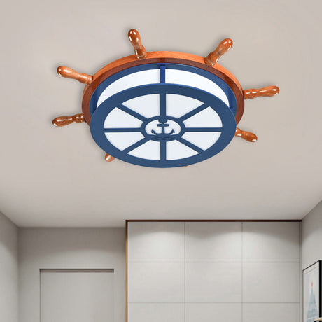 Wooden Led Blue Ceiling Light Fixture For Boys Bedroom - Rudder Flush Mount Lamp