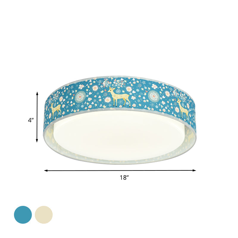 Cartoon Led Metal Flush Mount Light With Animal Pattern For Bedroom - Beige/Blue Drum Lighting