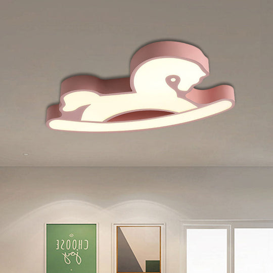 Nordic Acrylic Led Flush Ceiling Light For Childrens Bedroom - Pink/Blue Horse Design