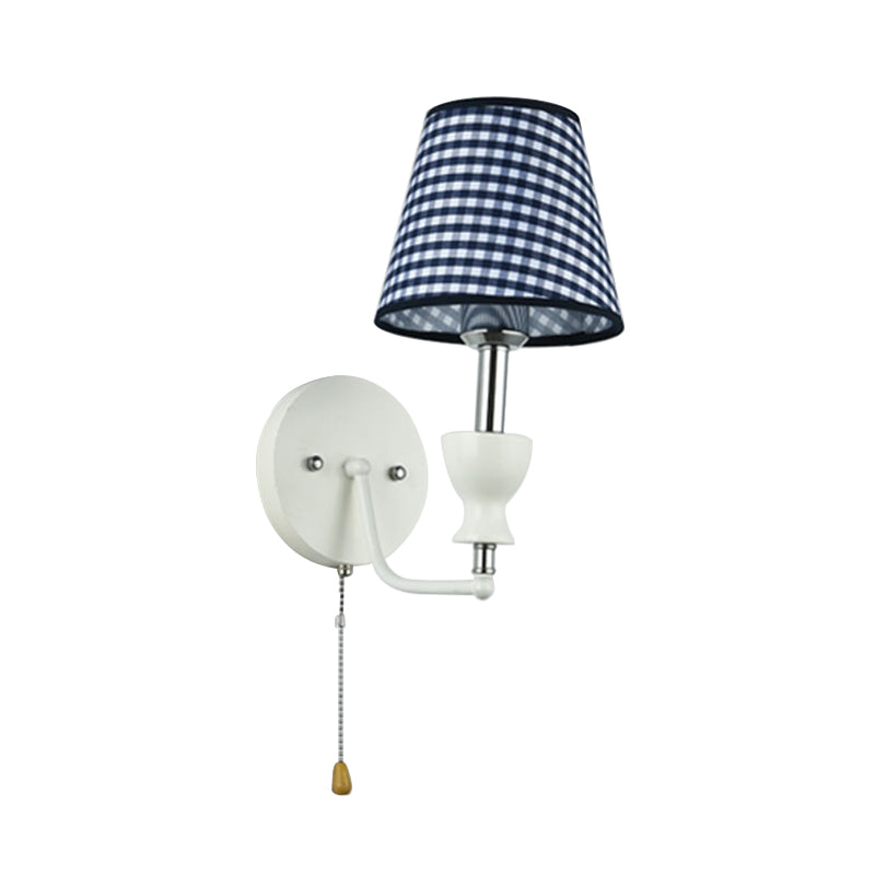 Modern Dark Blue 1-Head Barrel Wall Lamp With Pull Chain - Perfect For Bedrooms