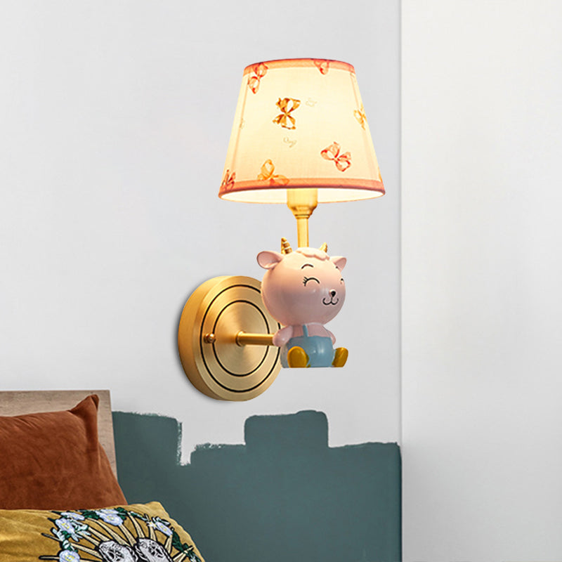 Gold Bucket Wall Sconce With Sheep Decoration: Cartoon 1 Head Fabric Lamp+