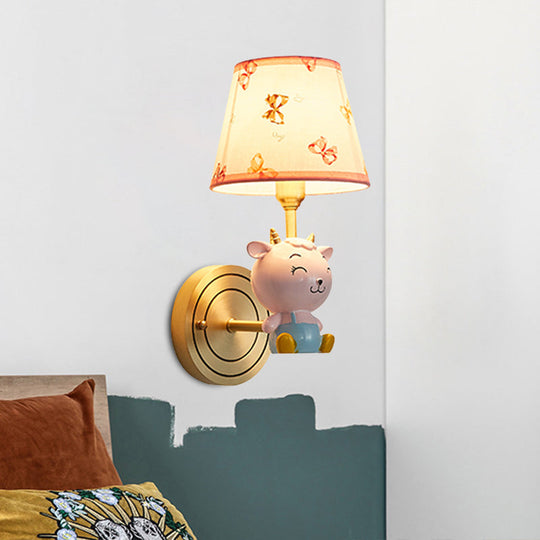 Gold Bucket Wall Sconce With Sheep Decoration: Cartoon 1 Head Fabric Lamp+