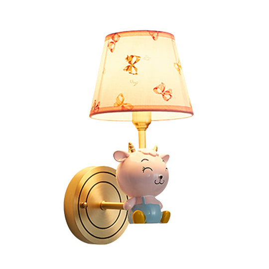 Gold Bucket Wall Sconce With Sheep Decoration: Cartoon 1 Head Fabric Lamp+