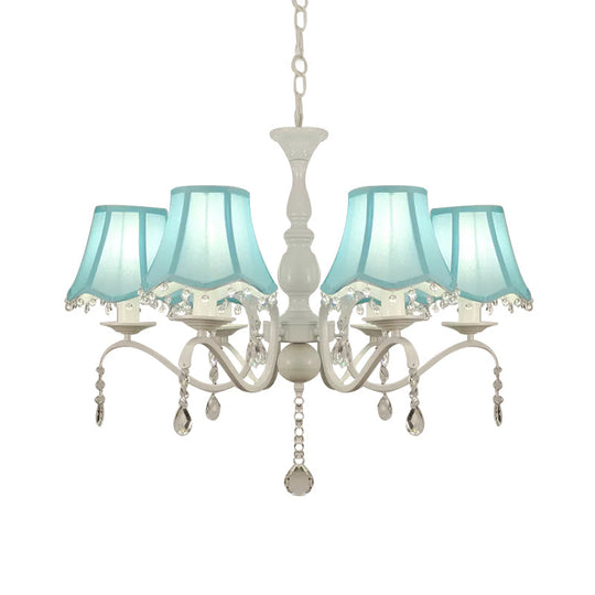 Contemporary 6-Light Pink/Blue Scalloped Fabric Pendant Chandelier With Crystal Droplet