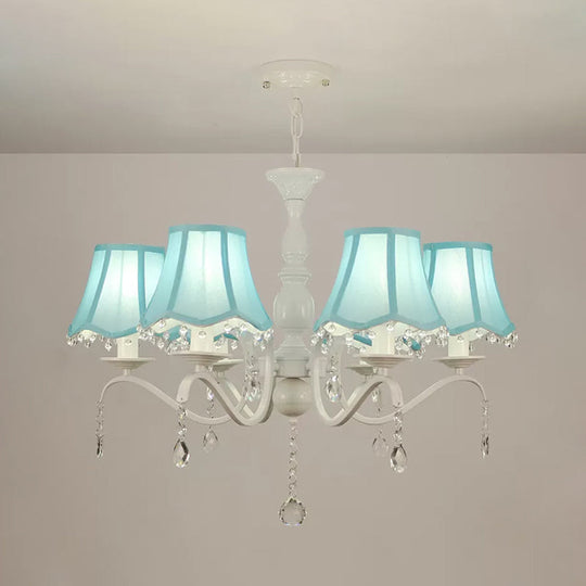 Contemporary 6-Light Pink/Blue Scalloped Fabric Pendant Chandelier With Crystal Droplet