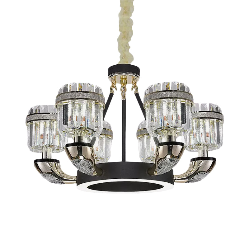 Modern Black Hoop Chandelier With Drum Crystal Prisms - 6 Bulbs Living Room Pendant Lighting