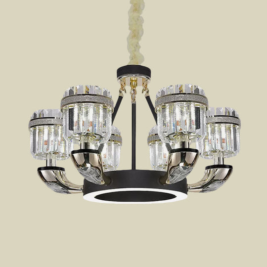 Modern Black Hoop Chandelier With Drum Crystal Prisms - 6 Bulbs Living Room Pendant Lighting