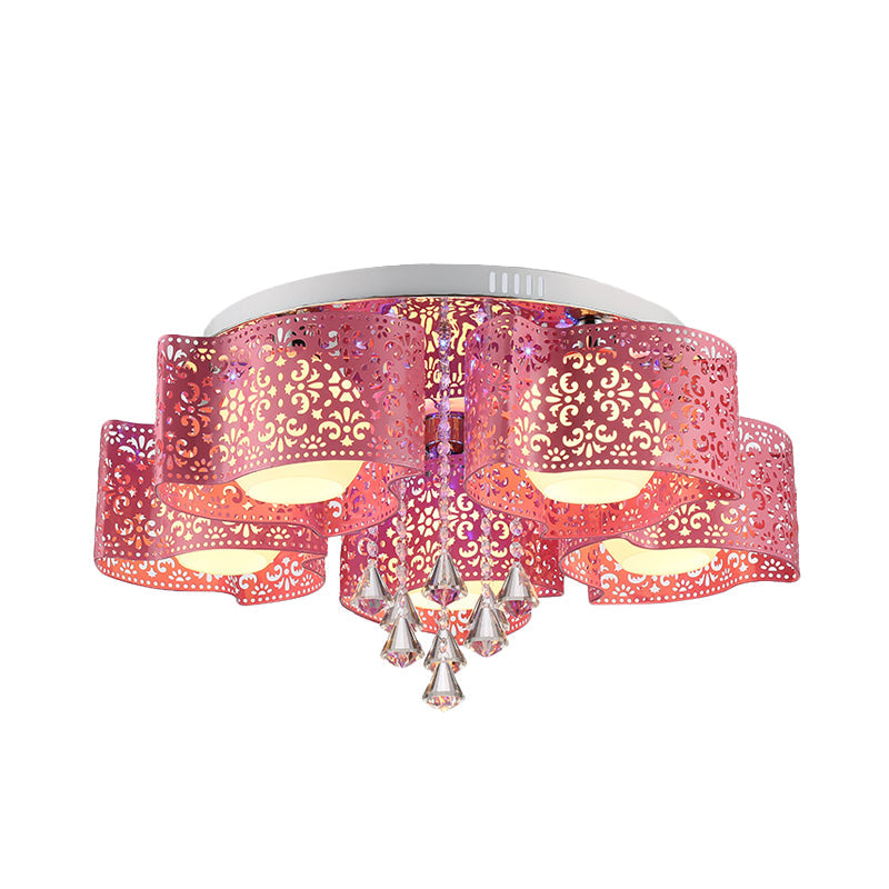 Contemporary Metallic Windmill Flushmount Light With Orb Frosted Glass Shade - Rose Red Finish