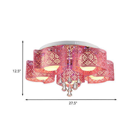 Contemporary Metallic Windmill Flushmount Light With Orb Frosted Glass Shade - Rose Red Finish