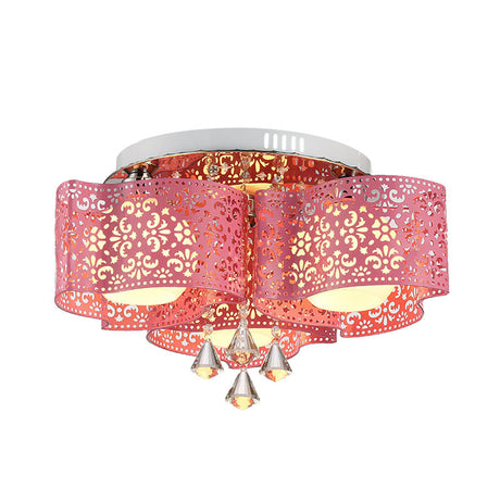 Contemporary Metallic Windmill Flushmount Light With Orb Frosted Glass Shade - Rose Red Finish