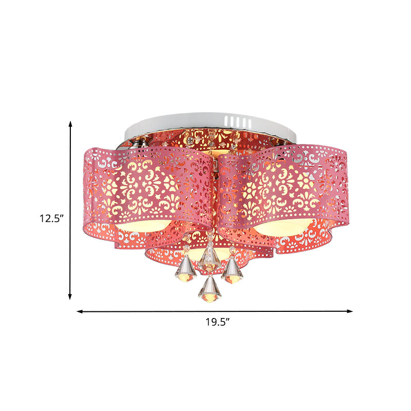 Contemporary Metallic Windmill Flushmount Light With Orb Frosted Glass Shade - Rose Red Finish