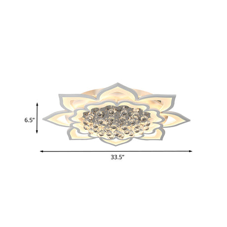 Contemporary Acrylic Flower Flush Light With Led Crystal Droplets - White