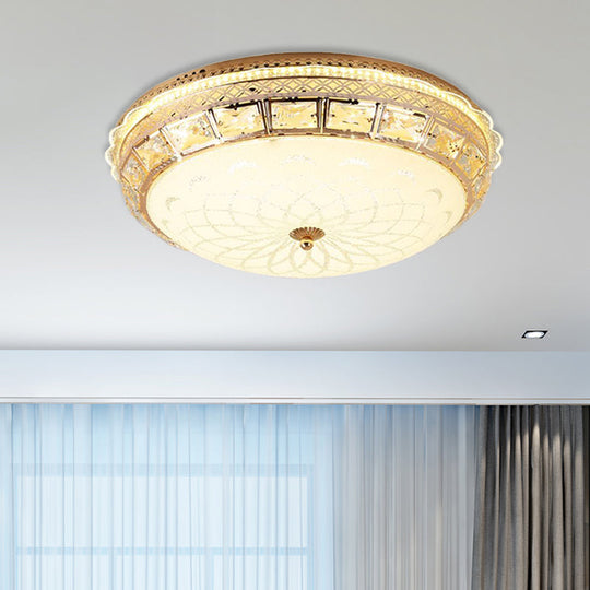 Modern Gold Flush Led Ceiling Light With Crystal Accents Dome White Glass Shade - Ideal For Bedroom