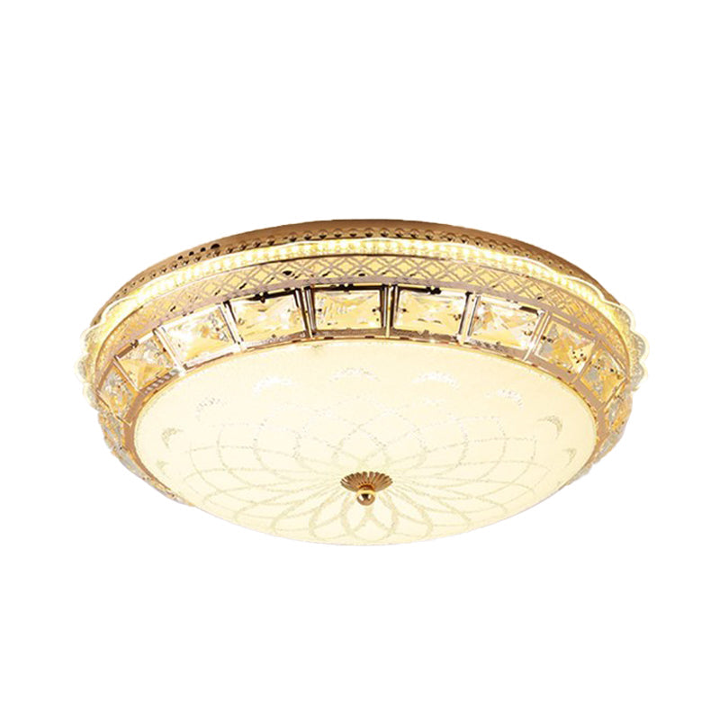 Modern Gold Flush Led Ceiling Light With Crystal Accents Dome White Glass Shade - Ideal For Bedroom