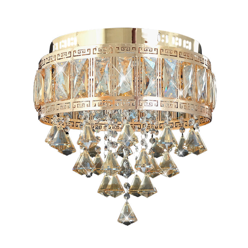 Contemporary Diamond Crystal Flush Lamp Fixture - Drum Shape 4 Lights Gold