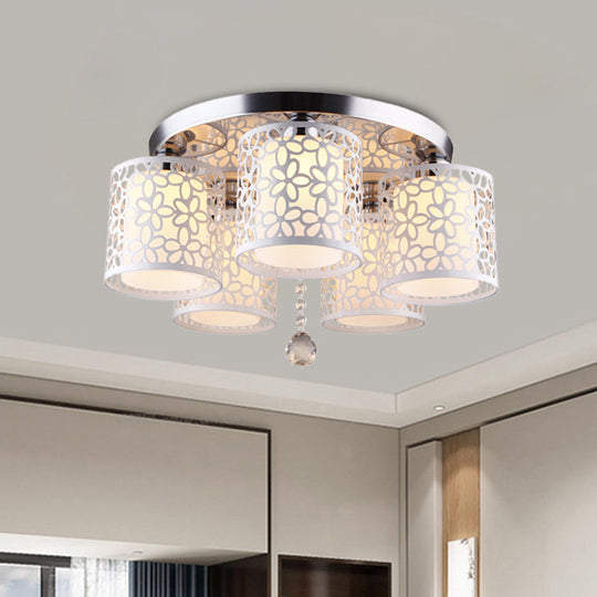 Hollow-Out Cylinder Ceiling Flush Mount With White Finish And Cream Glass Shade - Modern 5-Head