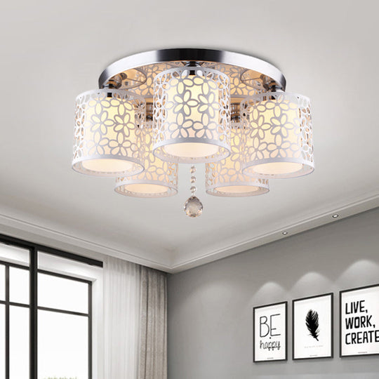 Hollow-Out Cylinder Ceiling Flush Mount With White Finish And Cream Glass Shade - Modern 5-Head