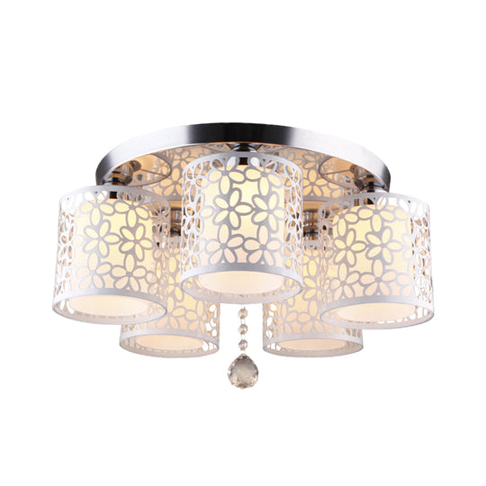 Hollow - Out Cylinder Ceiling Flush Mount With White Finish And Cream Glass Shade - Modern 5 - Head