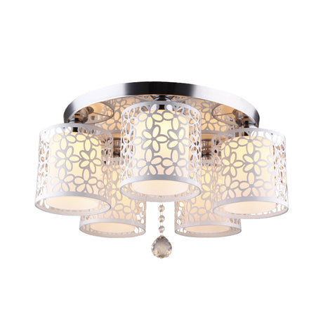 Hollow-Out Cylinder Ceiling Flush Mount With White Finish And Cream Glass Shade - Modern 5-Head