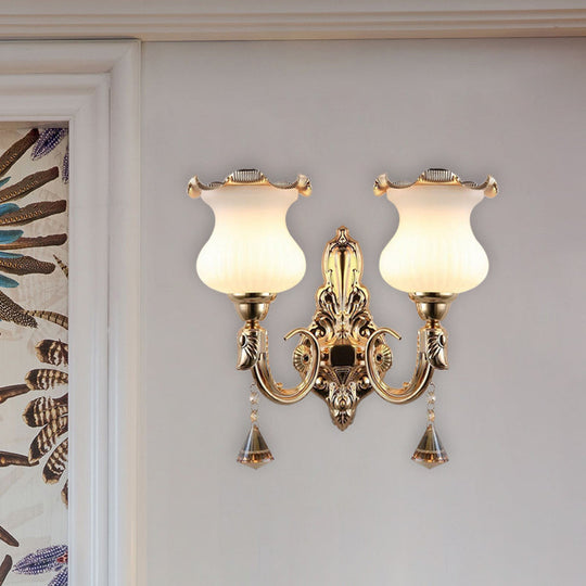 Gourd Shape Opal Glass Bedside Wall Light Fixture - Mid Century Gold Mount Lamp With 2 Bulbs