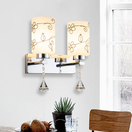 Modern White Glass Cylinder Wall Sconce With 2 Bulbs Chrome Finish And Elegant Flower Pattern