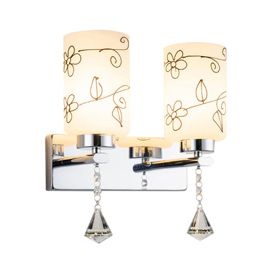 Modern White Glass Cylinder Wall Sconce With 2 Bulbs Chrome Finish And Elegant Flower Pattern