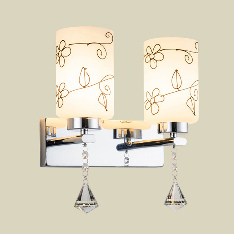 Modern White Glass Cylinder Wall Sconce With 2 Bulbs Chrome Finish And Elegant Flower Pattern