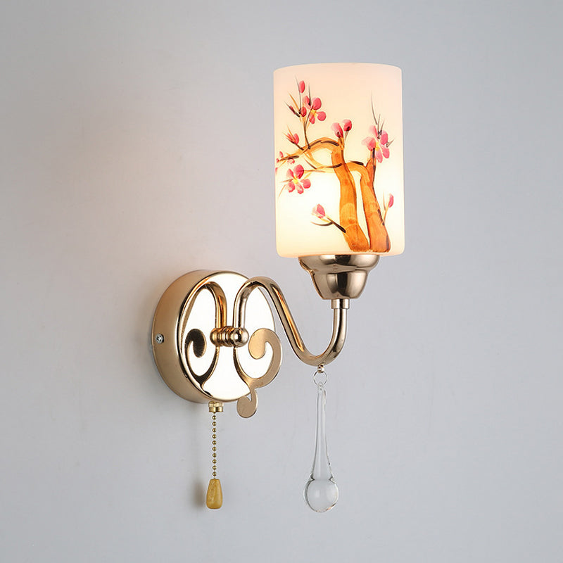 Contemporary Gold Finish Wall Lamp With Cream Glass Shade & Pull Chain