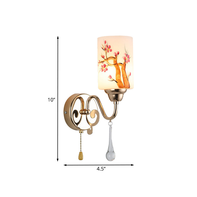 Contemporary Gold Finish Wall Lamp With Cream Glass Shade & Pull Chain