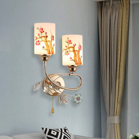 Contemporary Gold Finish Wall Lamp With Cream Glass Shade & Pull Chain