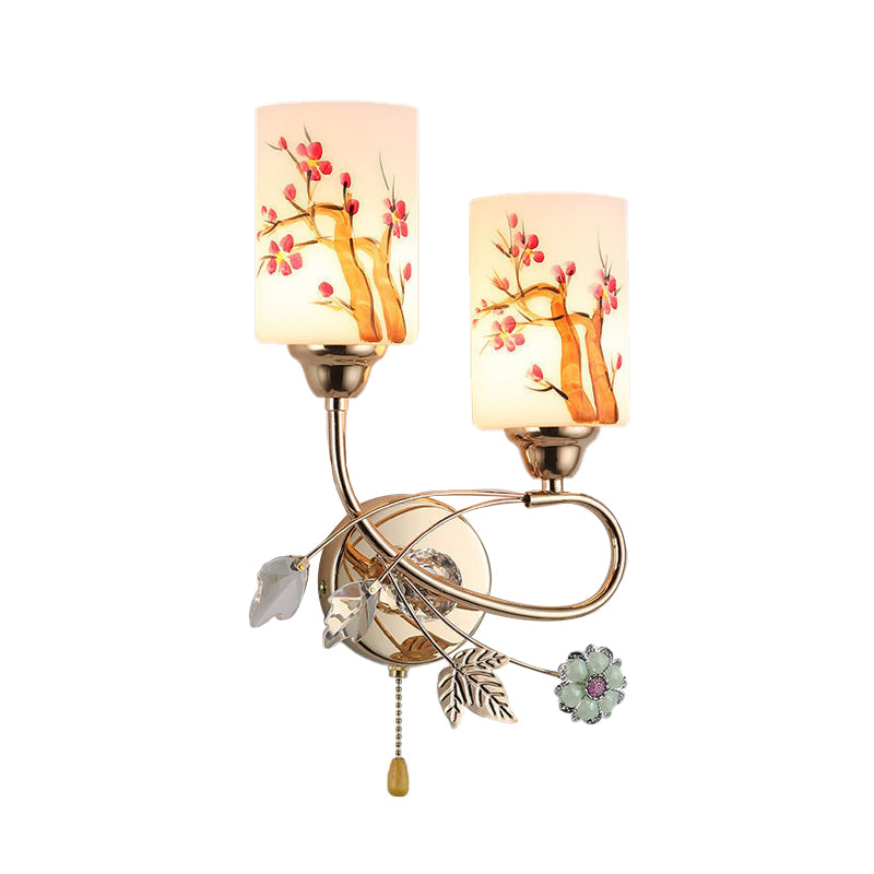 Contemporary Gold Finish Wall Lamp With Cream Glass Shade & Pull Chain