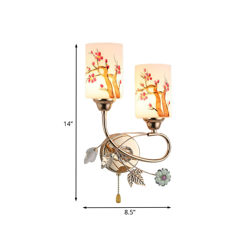 Contemporary Gold Finish Wall Lamp With Cream Glass Shade & Pull Chain