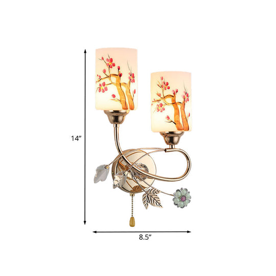 Contemporary Gold Finish Wall Lamp With Cream Glass Shade & Pull Chain