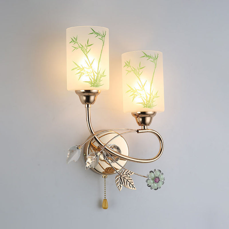 Modernist Glass Cylinder Sconce With 2 Lights And Gold Pull Chain - Wall Mounted Lamp