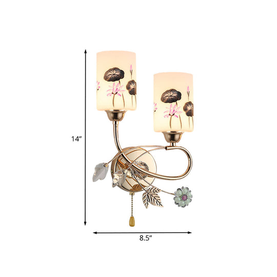 Modern Lotus Glass Wall Sconce With Gold Finish And Pull Chain - 2 Head Cylinder Lamp