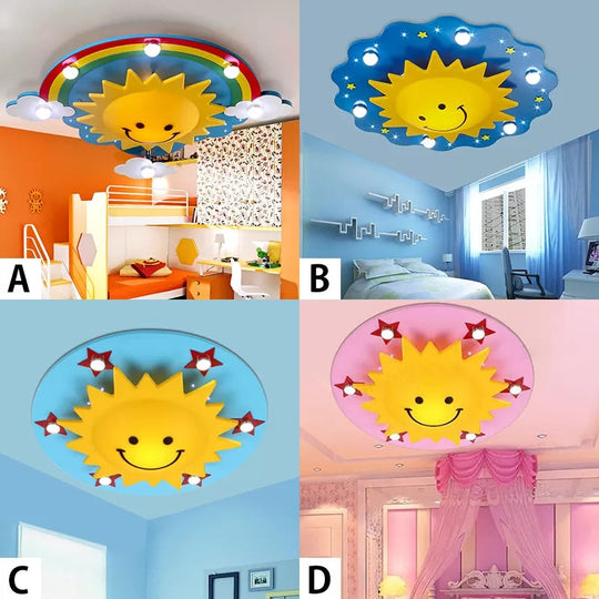 Smiling Sun Flush Ceiling Light In Yellow For Game Room - Cartoon Design Wood Finish