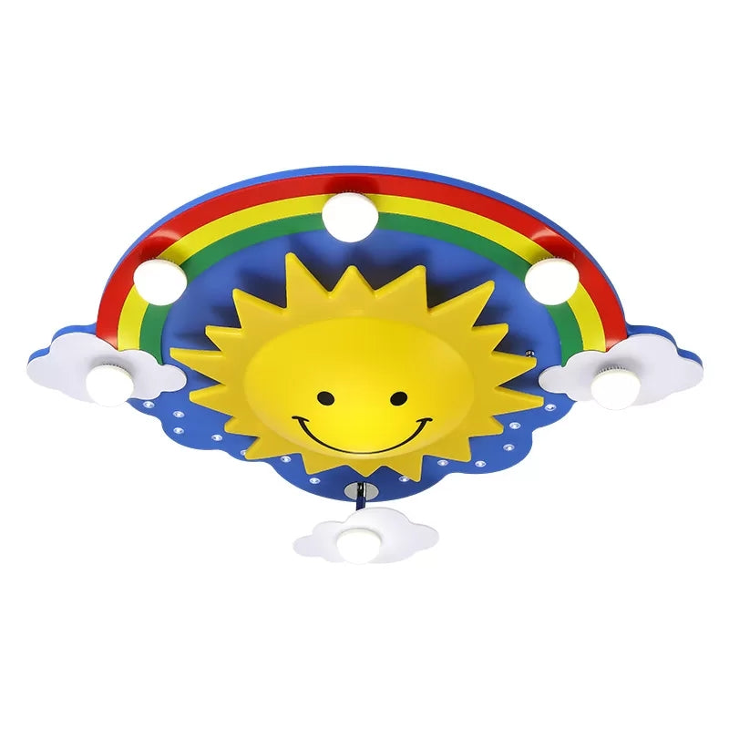 Smiling Sun Flush Ceiling Light In Yellow For Game Room - Cartoon Design Wood Finish Red-Yellow / A