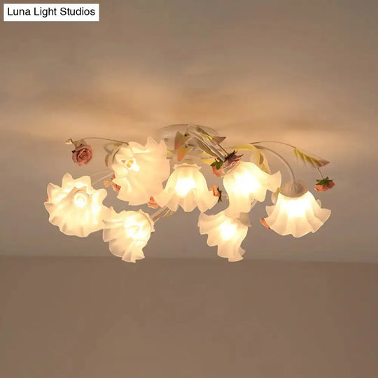 Pastoral Ruffle Ceiling Flush Lamp - 4/7/9 Frosted White Glass Heads Semi Mount For Dining Room