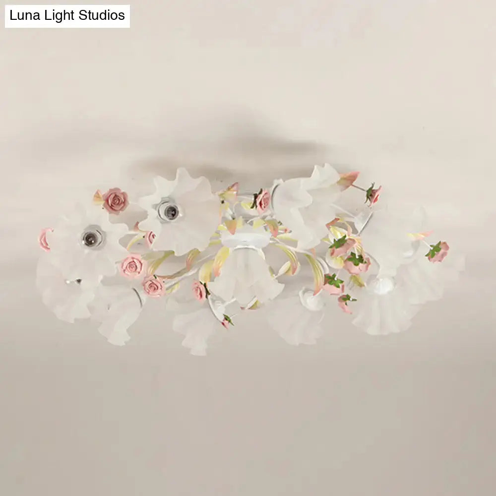 Pastoral Ruffle Ceiling Flush Lamp - 4/7/9 Frosted White Glass Heads Semi Mount For Dining Room