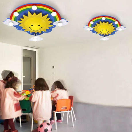 Smiling Sun Flush Ceiling Light In Yellow For Game Room - Cartoon Design Wood Finish