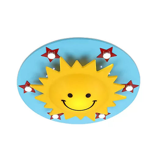Smiling Sun Flush Ceiling Light In Yellow For Game Room - Cartoon Design Wood Finish Blue / C