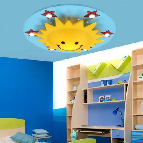 Smiling Sun Flush Ceiling Light In Yellow For Game Room - Cartoon Design Wood Finish