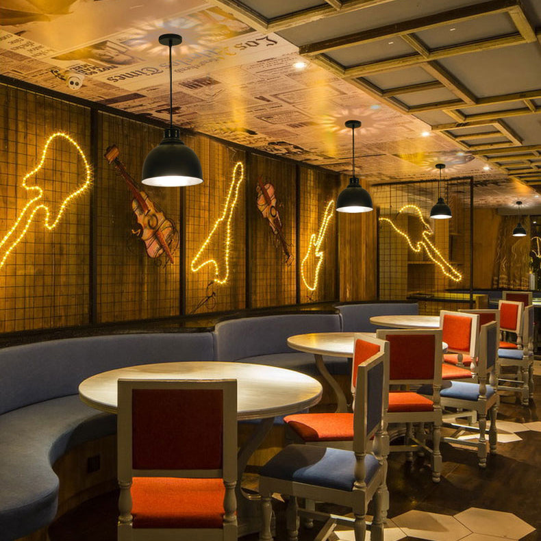 Farmhouse Dome Shade Pendant Light - Adjustable Cord Black Iron Fixture With 1 Bulb Ceiling Hanging