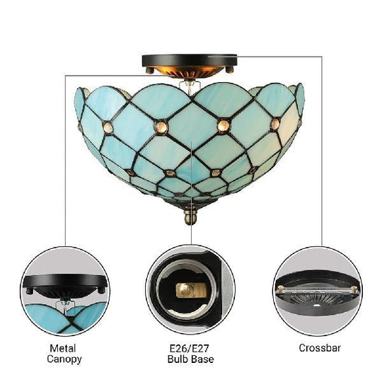 Blue Tiffany Style Ceiling Light For Bedroom - 2 - Light Floral Semi Flush Mount With Jewel