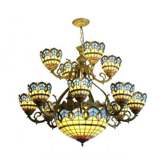 Tiffany 15-Light Chandelier For Dining Room - Adjustable Chain And Art Glass Shade Brass
