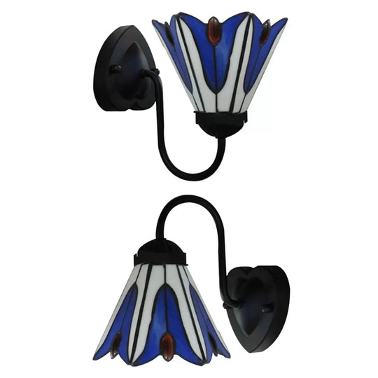 Stained Glass Flower Wall Sconce Light Fixture - Tiffany Style 1 Head White/Black/Sky Blue Living