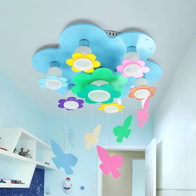 Blue Blossom Ceiling Mount Light With Hanging Butterfly: 7 - Head Wood Lamp For Child Bedroom