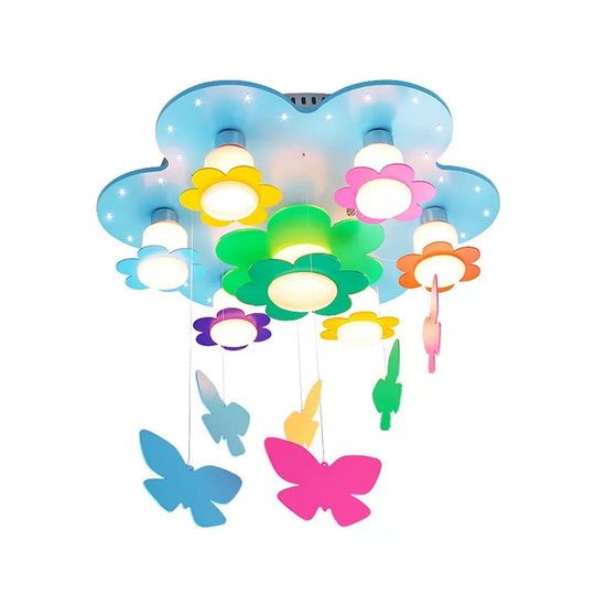 Blue Blossom Ceiling Mount Light With Hanging Butterfly: 7-Head Wood Lamp For Child Bedroom