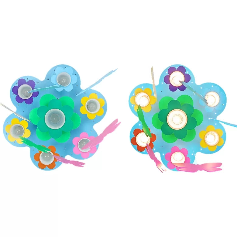 Blue Blossom Ceiling Mount Light With Hanging Butterfly: 7 - Head Wood Lamp For Child Bedroom